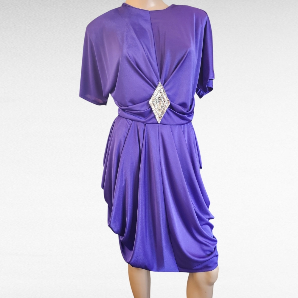 Vintage 80s Purple Glam Embellished Drape Cocktail Dress Filigree Sz 8